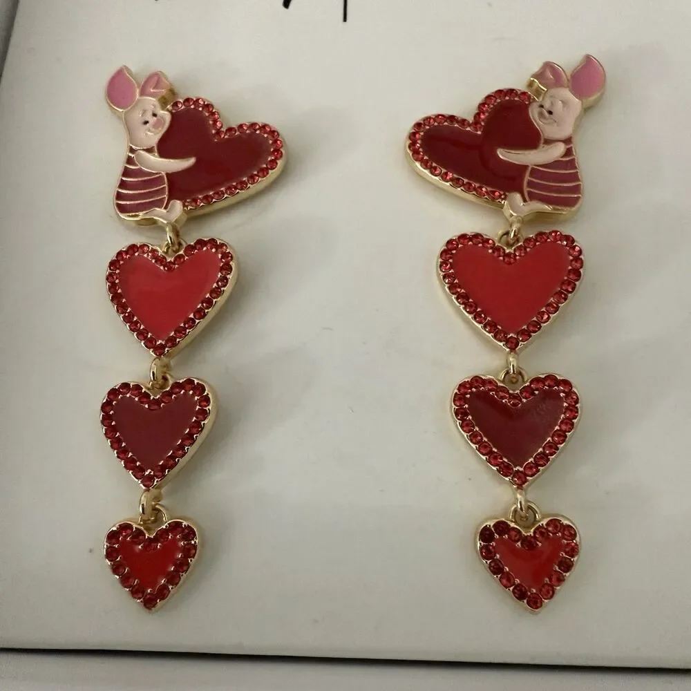 Disney Baublebar Piglet Valentine's Day Red Heart Dangle Earrings w/Crystals NIB